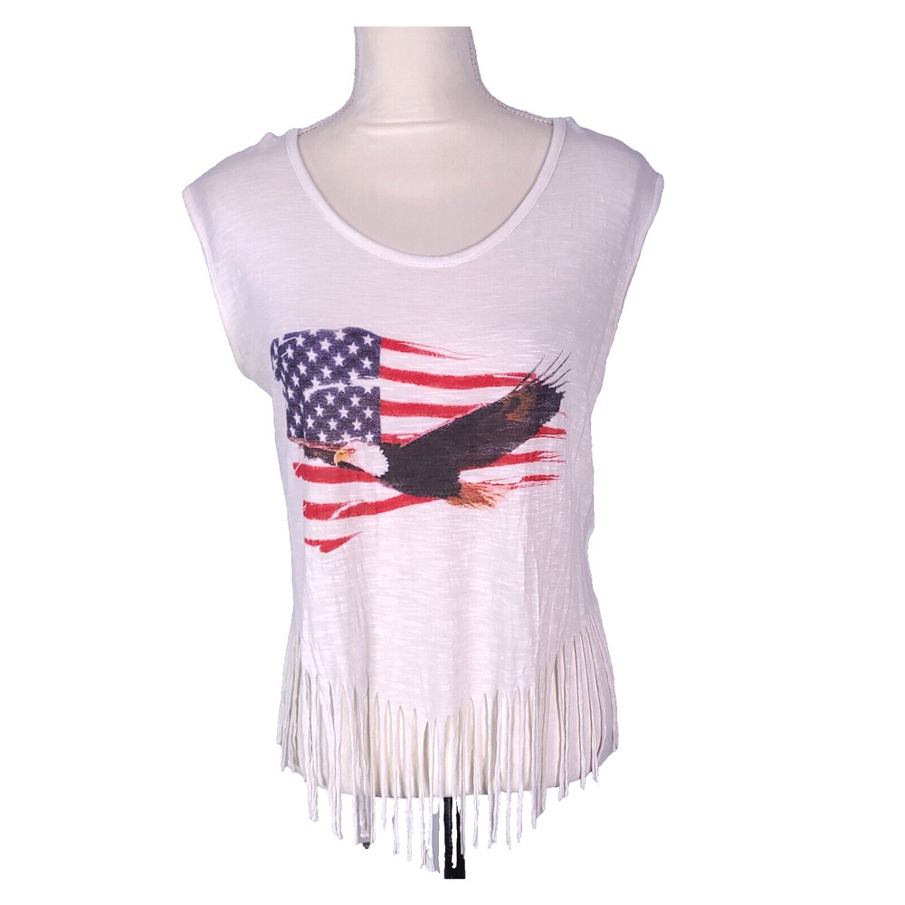 Cloud Chaser Sleeveless Fringe Tank Top Sheer American Eagle Flag Patriotic MED